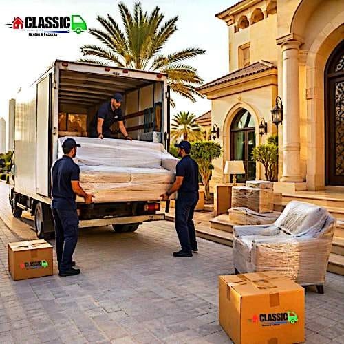 Classic Movers team loading wrapped furniture into a moving truck outside a luxury villa in Dubai.