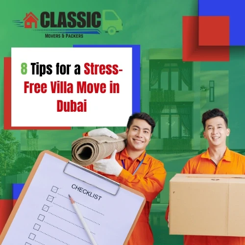 Professional villa movers and packers in Dubai carrying furniture outside a luxury villa entrance