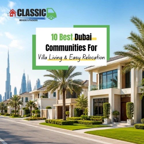 A bright promotional graphic for "Classic Movers & Packers" showing a clean Dubai villa community street with modern white villas, green lawns, and palm trees. In the background is the Dubai skyline including Burj Khalifa. Overlay text reads: "10 Best Dubai Communities For Villa Living & Easy Relocation". The "CLASSIC MOVERS & PACKERS" logo with a house and moving truck is at the top left.