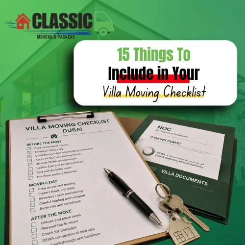 Villa moving checklist with keys and documents laid out before a Dubai relocation