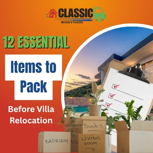 Labelled moving boxes and packing checklist for a villa relocation in Dubai